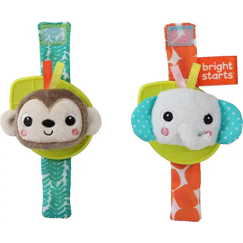 Bright Starts Rattle & Teethe Wrist Pals Toy - Monkey & Elephant, Newborn +