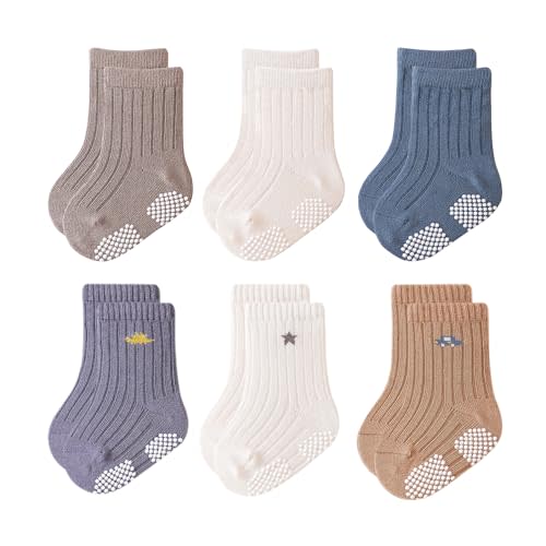 VWU Baby Toddler Socks with Grips Kids Girl Boy Crew Ankle Socks Cotton Anti Slip 0-6T 6/9 Pack