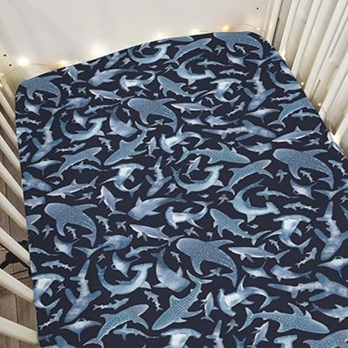 Blue Sharks Baby Crib Sheets for Boy Girl 52"x28" Sea Ocean Animal Soft Stretchy Fitted Crib Mattress Covers Nautical Shark Nursery Baby Sheet for Standard Crib and Toddler Bed Mattress