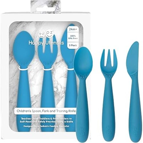 ezpz Happy Utensils (Blue) - 24 Months+ - BPA Free Toddler - Fork, Spoon and Knife for Toddlers and Preschoolers - Kids Utensils for Self-Feeding Development