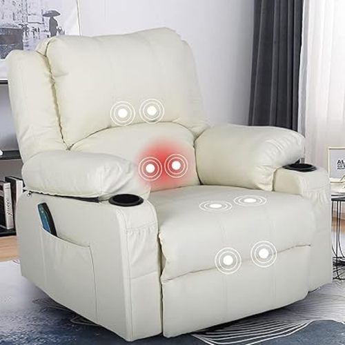 White Recliner Rocker Chairs with Heat,Massage Chair Recliner Leather Swivel Recliners for Living Room, Manual Reclining Lounge Chairs Overstuffed Single Sofa Chair for Adults