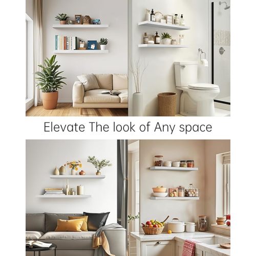 BAYKA Floating Shelves for Wall, 36 inches Long Wall Mounted Rustic Wood Shelves for Bathroom, Bedroom, Living Room, Kitchen, Office, Hanging Shelf for Books/Storage/Decor(White,Set of 2)