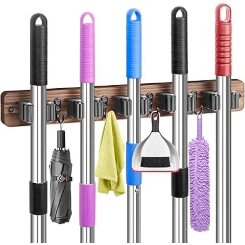 IMILLET Wall Mount Broom Holder Rustic Wood 5 Racks