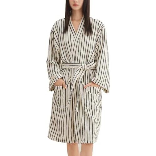 Cotton Terry Stripe Bathrobe For Women And Men,Luxury Kimono Soft Terry Cloth Robe,Comfortable Loungewear Nightwear