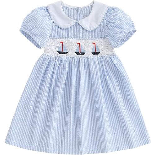 Toddler Baby Girl Sailboat Outfit Smocked Dresses Doll Collar Dress Cute Little Girls Summer Clothes (sail Boat Blue, 12-18 Months)