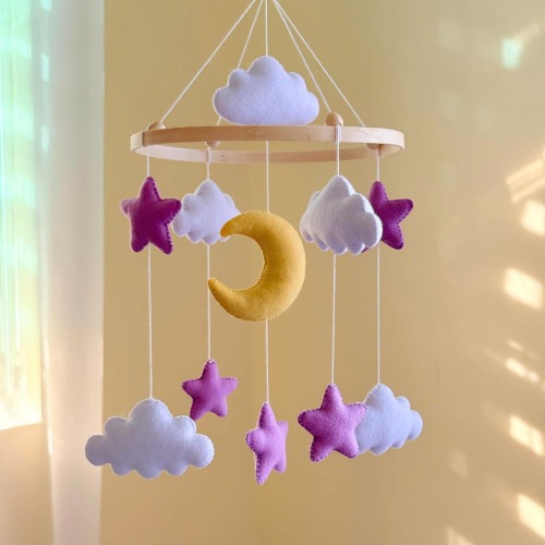Handmade Baby Mobile – Felt Moon, Stars & Clouds, Nursery Decor, Personalized Name, Baby Shower Gift
