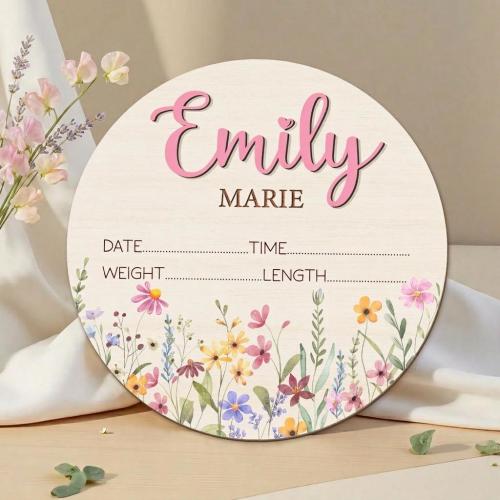 Personalized Wildflower Baby Announcement Sign, Birth Stats Wooden Name Plaque