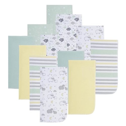 EVERYDAY KIDS 12 Pack Burp Cloths for Baby Boys and Girls - Sheeps, Clouds and Stars