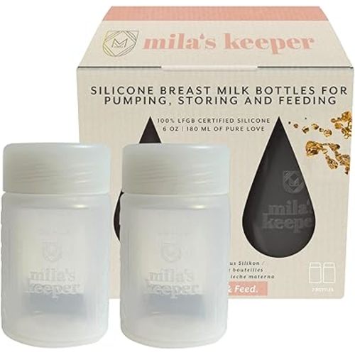 Mila's Keeper Premium Silicone Breast Milk Storage Bottles, for Pumping, Storing and Feeding, Fits Leading Pumps and Nipples, 6 oz Silicone Milk Storage Containers, Wide Neck Aspen White, Set of 2