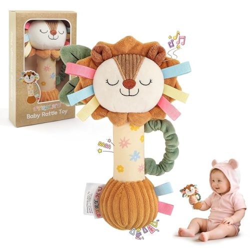 TYRY.HU Baby Rattles Toy, Plush Lion Rattle, Stuffed Animal Hand Rattles,Infant Grab Shake Rattle, Crinkle & Squeaker,Soft Sensory Toy with Sound for Babies 0-6 6-12 Months, Lion