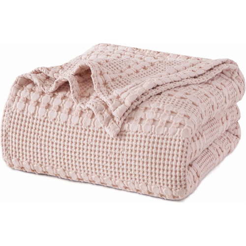 PHF 100% Cotton Waffle Weave Blanket, Lightweight Twin Washed Blanket for Bed Sofa Home Decor, Pink, 66"x90"
