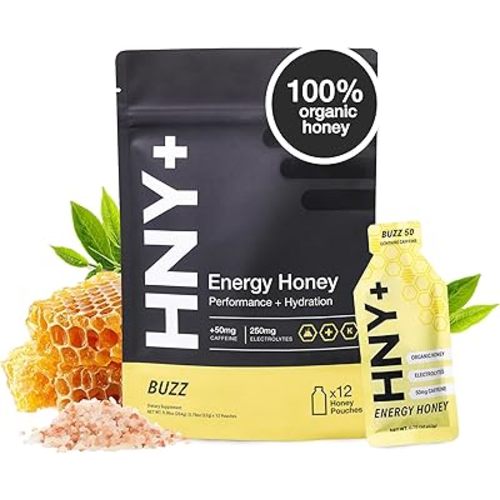 HNY+ Buzz Organic Honey Energy Gel with Electrolytes, Magnesium, Sea Salt, Potassium & Green Tea Caffeine, Gluten Free & Vegan, Workout Gels, for Gym, Running & Hiking, 50mg Caffeine, 12 Pack