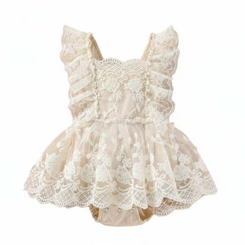 Cottagecore Baby Girl Floral Lace Romper - Sleeveless Embroidery Tutu Bodysuit (0-24M)