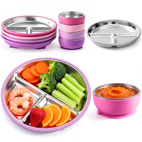 Havawish 8 Pcs Stainless Steel Baby Plate and Bowls with Suction, 8.3" Kid Divided Plate and 4" Toddler Bowl with Removable Silicone, BPA-free Non-slip Baby Feed Set Dishwasher Safe for Boy Girl(Pink)