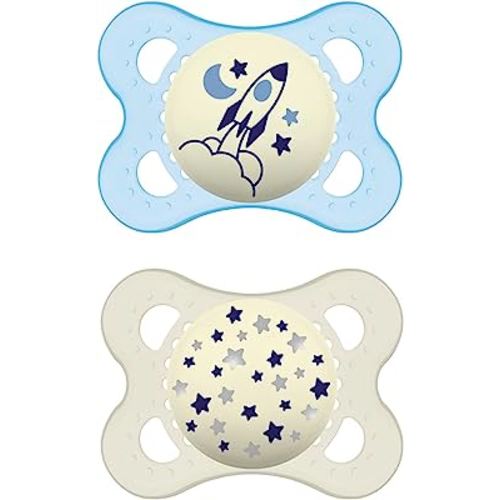 MAM Night Pacifiers 0-6 Months, Best for Breastfed Babies, Glow in the Dark, Baby Boy, 2 Count