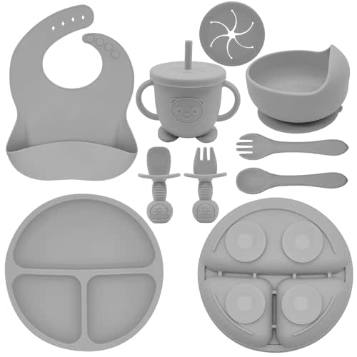 Munlinder Silicone Baby Feeding Set | Baby Led Weaning Supplies Includes Suction Bowls and Divided Plates, Adjustable Bib, Baby Utensils Spoons and Forks,Cup | Baby Feeding Essentials (Grey)