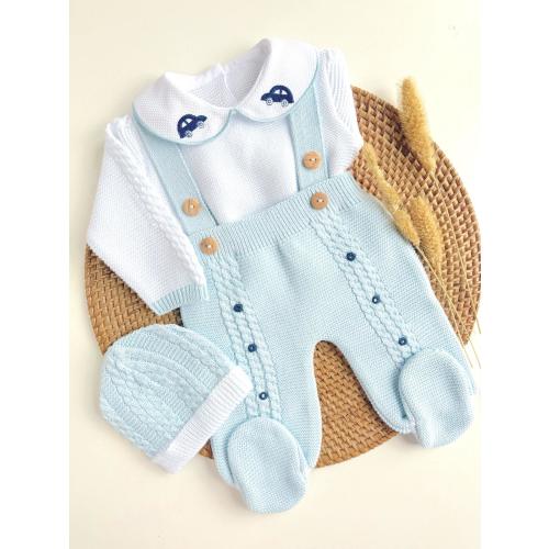 Toy Car Romper Knit Set in White and Sky Blue