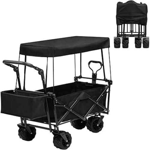 ALIMORDEN Foldable Canopy Wagon Garden Cart, Heavy Duty Outdoor Utility Collapsible Tool Cart with Removable Canopy and Big Wheels, Black