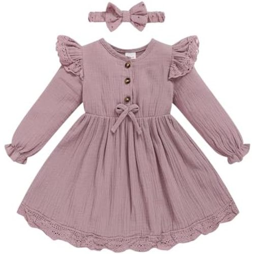 Sinhoon Toddler Fall Dress Baby Girl Dress Ruffle Long Sleeve Toddler Girl Dress Smocked Baby Fall Dresses with Bow Headband