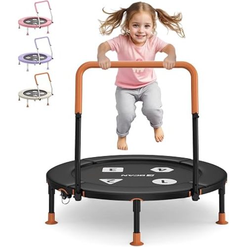 BCAN BT1 36'' Toddler Trampoline, ASTM Certified-Foldable Mini Trampolines for Kids Ages 1-6, Adjustable Handle, Safety Pad & Foldable Legs, Baby Trampoline Indoor/Garden, Gift for Boy and Girl