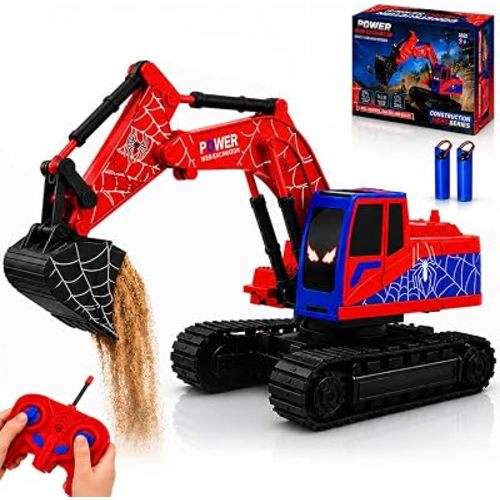 Spider Toys Remote Control Excavator for Kids, RC Construction Excavator with Movable Arm, 2 Rechargeable Batteries and Auto Demo Mode, Birthday Gifts for Boys and Girls Ages 3-5, 4-7, 8-12