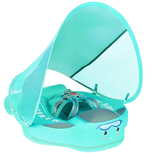 Mambobaby Non-Inflatable Baby Pool Float with Tail and Canopy UPF 50+ Sun Protection No Flip Over Infant Swim Float Skin-Friendly Mambo Float Swim Trainer Solid Baby Swimming Ring
