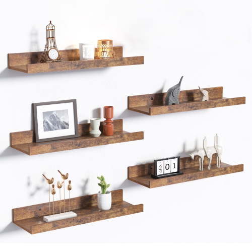 Floating Shelves, Upsimples Home Wood Shelf Wall Mounted, Set of 5, Multiple Sizes, Brown