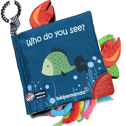 Fish Baby Book, Crinkle Books for Babies, Touch & Feel Soft Books, Infant Baby Toys 0-3 0-6 6-12 Months, Sensory Mirror Toy, Teether Ring, Baby Shower, Baby Basket Stuffers,Gifts for Boys Girls -Blue
