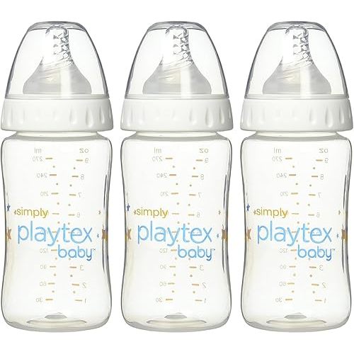 Playtex Baby Simply Playtex Complete Tummy Comfort Baby Bottles, 9 Oz (3 Count), Anti-Colic & Anti-Reflux Bottles for Newborn and Breastfeeding Babies, Feeding Essentials