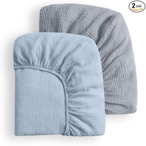 Blissful Diary Muslin Crib Sheets, 2 Pack, Light Blue & Grey | fitted for 52''x28'' crib mattress, soft and breathable cotton, boho style, easy care for machine wash, gift for boy and girl