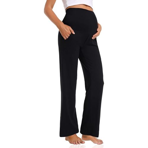 Foucome Women's Maternity Pants Casual Loose Wide Leg Cozy Pant Pregnancy Palazzo Lounge Trousers with Pockets X-Large