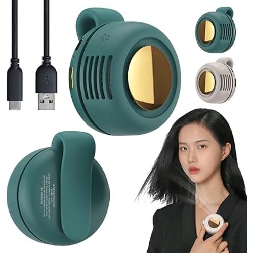 Portable Silent Mini Bladeless Fan Clip On - 900mAh USB-C Rechargeable, 3 Speeds Hands-Free Neck Fan, Adjustable Wind Direction, Ultra-Quiet Personal Shirt Fan (Green)