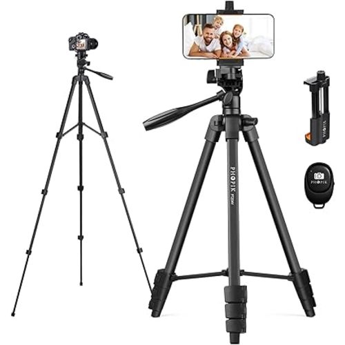55" Phone Tripod, PHOPIK Aluminum Extendable Tripod Stand with Shutter, Carrying Bag, Compatible with iPhone/Android/Sport Camera Perfect for Video Recording/Selfies/Live Stream/Vlogging