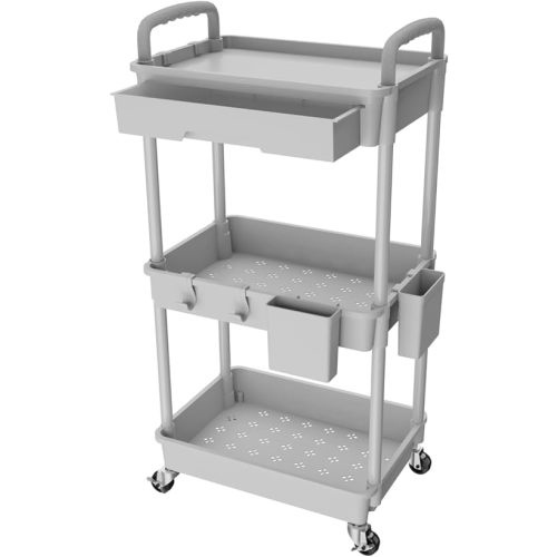 3 Tier Rolling Utility Cart with Drawer,REBECAT Utility Cart Made of Multifunctional Storage Organizer Tool for Kitchen,Bathroom,Living Room,Office(Gray)