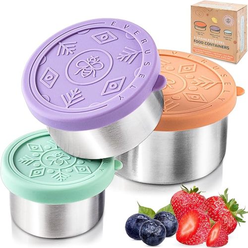 Everusely - Stainless Steel Food Containers - 3 Pack, Bright - Lunch Box - Snack Containers for Office, Home Food Storage - Leakproof w/Silicone Lids - Dishwasher & Freezer Safe