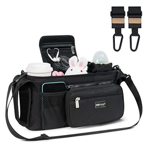 Baby Stroller Organizer, Stroller Caddy with Heightened Insulated Cup Holders & Non-Slip Secure Hooks Accessories, Fits Most Strollers, Machine Washable (Black)