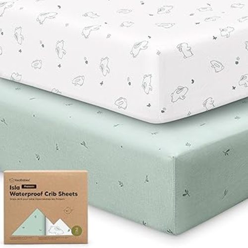 2-Pack Waterproof Baby Crib Sheets for Boys, Girls - 52x28 Viscose Derived from Bamboo Toddler Bed Sheet Neutral, Fitted Crib Mattress Protector Cover for Baby Bedding, Soft & Gentle (Pine Grove)