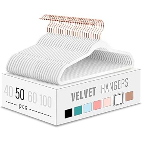 Velvet Clothes Hangers (50 Pack) Heavy Duty Durable Suit Hanger Vibrant Color Hangers Lightweight Space Saving Coat Hangers for Closet -White/Rosegold