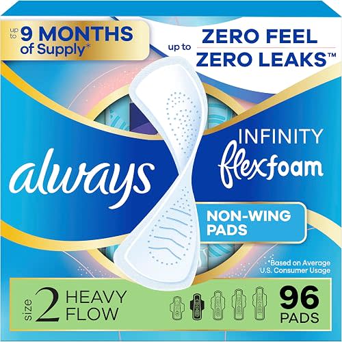 Always Infinity Feminine Pads for Women, Flexfoam Pads Without Wings, Size 2, Heavy Absorbency, Unscented, 96 Count (3 Packs of 32)