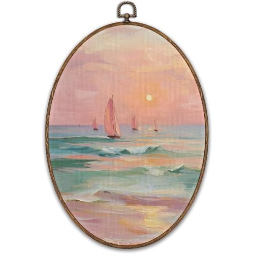 FCHHYWAL Coastal Beach Sailboat Oval Framed Wall Art, Preppy Pink Ocean Canvas Wall Art Prints Decor, Retro Pastel Sunset Nautical Hanging Decor for Teen Girly Dorm Room Bedroom, 8.7 x 11.3 Inch