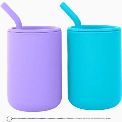 WeeSprout Silicone Baby Cups With Straws and Lids, 8 oz, Set of 2