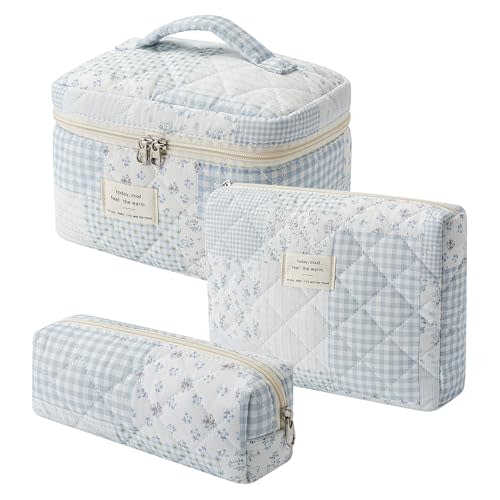 uekeboag Large Travel Quilted Makeup Bag for Women, Floral Cotton Cosmetic Bag, Coquette Aesthetic Floral Toiletry Organizer Bag