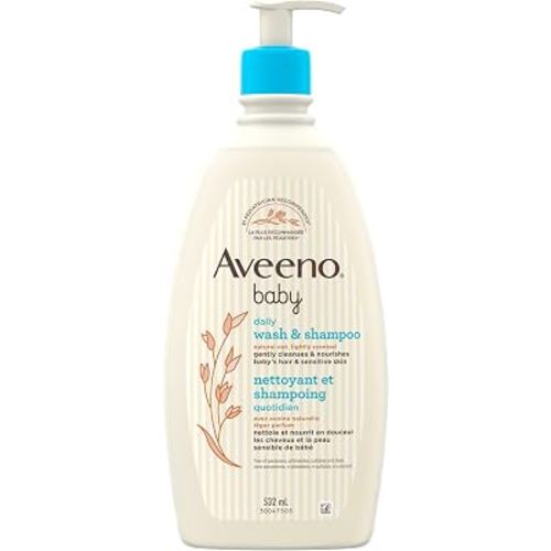 Aveeno Baby Daily Moisture Wash & Shampoo, Tear-Free, 18 fl. oz | 2-in-1 Baby Wash and Hair Shampoo with Oat Extract, for Sensitive Skin and Hair, No Added Parabens