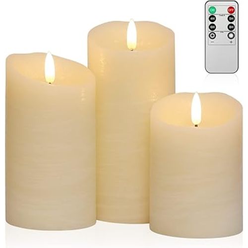 ANGELLOONG Flickering Flameless Candles with Remote, Real Wax Battery Operated Candles with Timer for Home Decor, Set of 3 LED Fake Candle for Fall Wedding Halloween Chirstmas Decoration, Ivory White