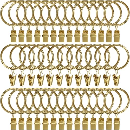 AMZSEVEN 40 Pack Metal Curtain Rings with Clips, Drapery Clips Hooks, Decorative Curtain Rod Clips 1.5 in Interior Diameter, Gold