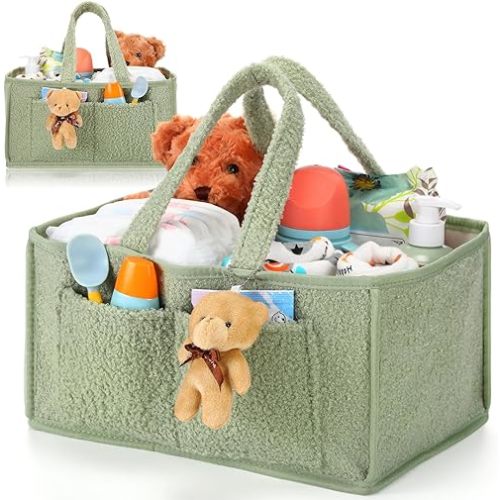 2 Pcs Large Baby Diaper Caddy Organizers Christmas Gift Bags Nursery Diaper Storage Bin with Handle Doll Ornament for Holiday Favor Changing Table Car New Mom(Green)