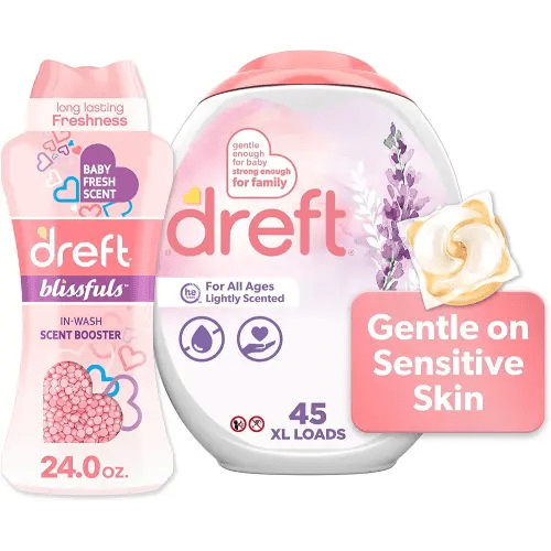 Dreft Laundry Bundle: Dreft Detergent Pacs, Lightly Scented, Lavender, HE Compatible, 45 Count + Dreft Blissfuls In-Wash Scent Booster Beads, Baby Fresh Scent, 24 oz