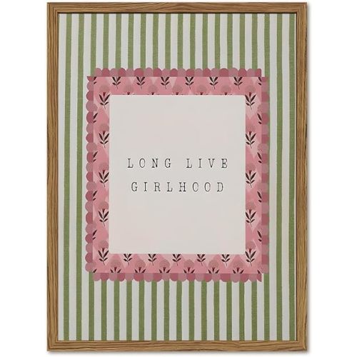 Long Live Girlhood Wall Art Vintage Girl Nursery Wall Decor Picture, Pink and Green Striped Baby Girls Poster Canvas Print Painting Artwork for Living Room Bedroom 16x24 inch Wood Framed