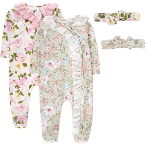 Baby Essentials Baby Girl Sleepers,4 Piece Outfit Set, Romper Footies and Headband – All Season Baby Clothes Gift Set