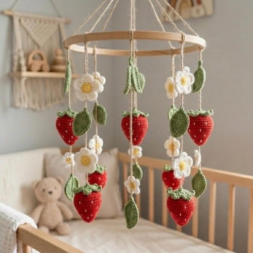 Crochet Strawberry Baby Mobile – Handmade Crib Mobile with Flowers, Strawberry Nursery Decor, Baby Shower Gift